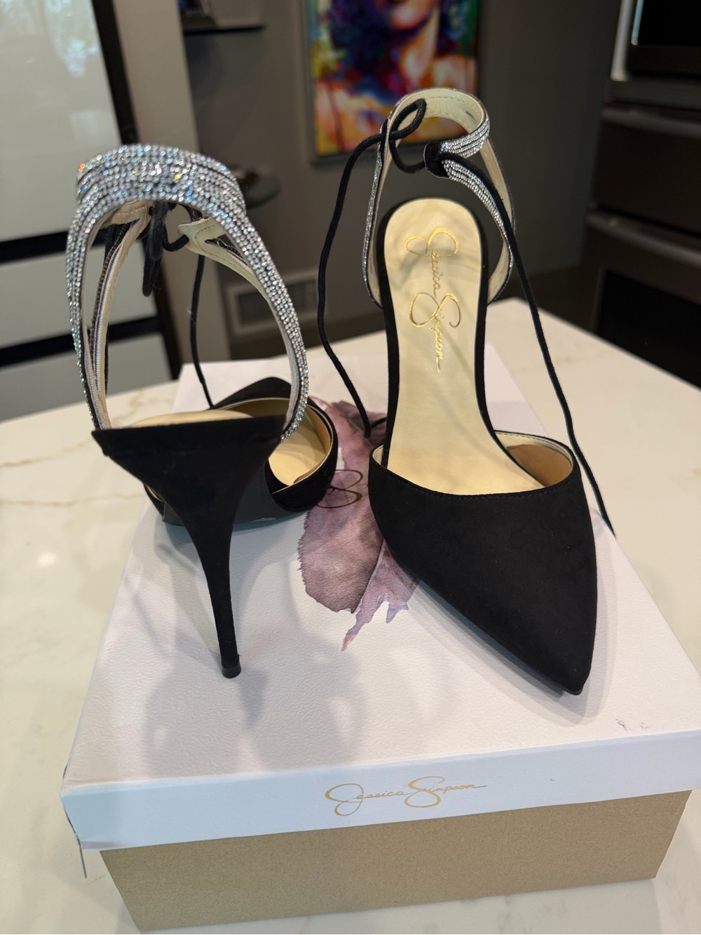 🆕 Jessica Simpson Black Suede Pointed Toe Rhinestone Ankle Tie Heels - Picture 6 of 17